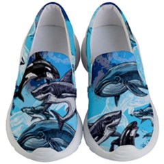 Deep Sky Blue Swarm Of Sea Creatures Kid s Lightweight Slip Ons by CoolDesigns