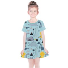 Light Blue Stone Aged Dinosaurs Pattern Kids Cotton Dress by CoolDesigns