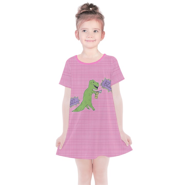 Soft Pink Fun Dinosaur Pattern Kids Simple Cotton Dress