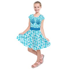 Turquoise Cute Seashells With Fish Scale Print Kids  Short Sleeve Dress by CoolDesigns