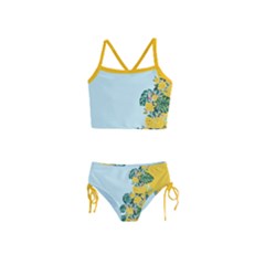 Light Blue &  Gold Monstera Leaf Tropical Print Kids Girls  Tankini Swimsuit by CoolDesigns