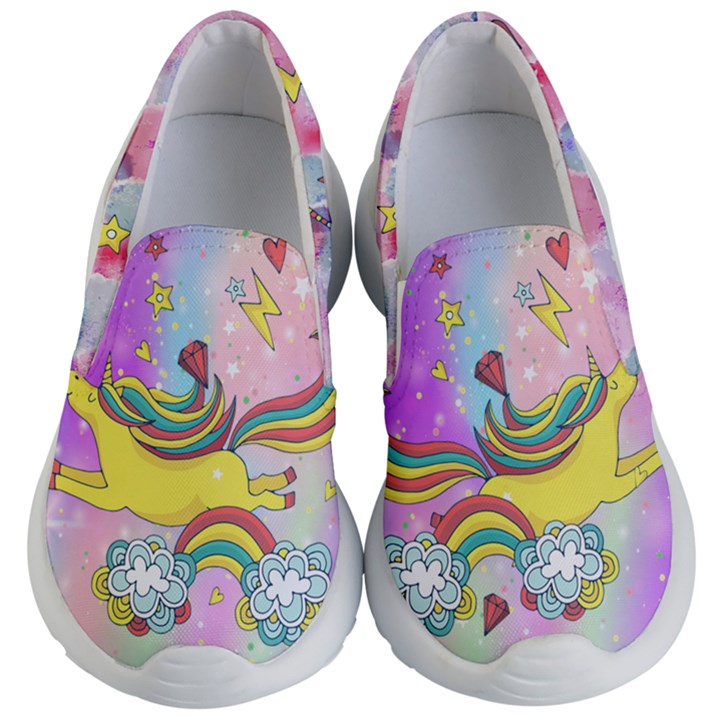 Colorful Fun Unicorn on Rainbow Print Kid s Lightweight Slip Ons