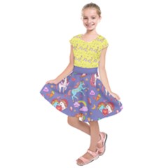 Medium Purple Fun Unicorn Pattern Kids  Short Sleeve Dress by CoolDesigns