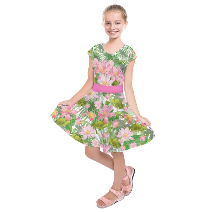 Green & Pink Adorable Lotus Floral Prints Kids  Short Sleeve Dress