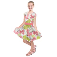 Pink & Yellow Green Aster Floral Print Kids  Short Sleeve Dress by CoolDesigns