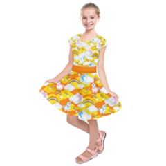 Orange Fun Unicorn Rainbow Print Kids  Short Sleeve Dress by CoolDesigns