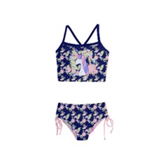 Midnight Blue & Peach Unicorn & Floral Print Girls  Tankini Swimsuit by CoolDesigns