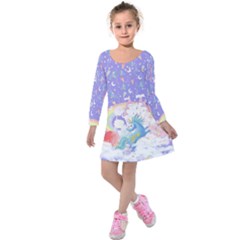 Light Purple Unicorn Rainbow Prints Kids Kids  Long Sleeve Velvet Dress