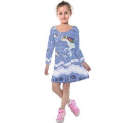 Royal Blue Flying Unicorn Design Kids Kids  Long Sleeve Velvet Dress