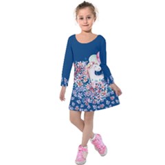 Dark Steel Blue Happy Unicorn With Florals Kids Kids  Long Sleeve Velvet Dress