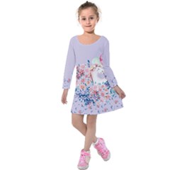 Light Amethyst Happy Unicorn With Florals Kids Kids  Long Sleeve Velvet Dress