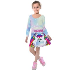 Rainbow Joyful Unicorn Pattern Kids Kids  Long Sleeve Velvet Dress