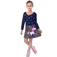 Navy Woodland Unicorns & Forest Pattern Kids Kids  Long Sleeve Velvet Dress by CoolDesigns