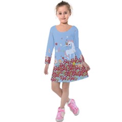 Corn Flower Blue Hello Unicorn Kids Kids  Long Sleeve Velvet Dress