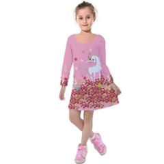 Pink Cute Hello Unicorn Kids Kids  Long Sleeve Velvet Dress