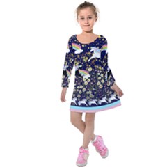 Dark Purple Unique Unicorns & Florals Pattern Kids  Long Sleeve Velvet Dress