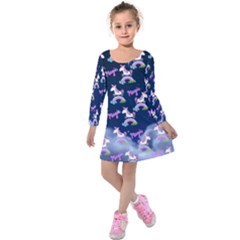 Dark Purple Magic Unicorn Pattern Kids  Long Sleeve Velvet Dress