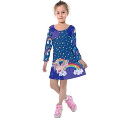 Dark Slate Blue Rainbows & Unicorn Printed Kids  Long Sleeve Velvet Dress