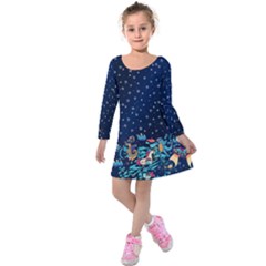 Dark Blue Stars & Unicorn Pattern Kids  Long Sleeve Velvet Dress