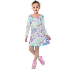 Soft Purple Castle & Unicorn Prints Kids  Long Sleeve Velvet Dress