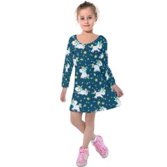 Dark Cyan Cute Unicorn Printed Kids  Long Sleeve Velvet Dress