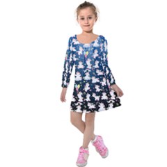 Dark Blue Gradient Cute Baby Unicorn Prints Kids  Long Sleeve Velvet Dress  