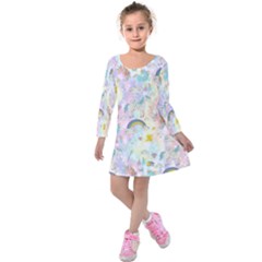 Light Yellow Cute Unicorn Printed Kids  Long Sleeve Velvet Dress