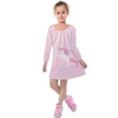 Soft Pink Spotlight Unicorn Print Kids  Long Sleeve Velvet Dress