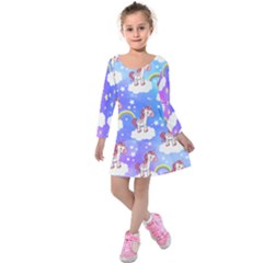 Colorful Cute Unicorn Pattern Kids  Long Sleeve Velvet Dress by CoolDesigns