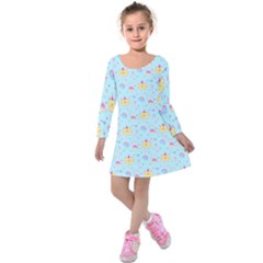 Light Sky Blue Kitty Cat Unicorn Party Theme Kids  Long Sleeve Velvet Dress