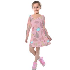 Light Pink Autumn Leaves & Unicorn Pattern Kids  Long Sleeve Velvet Dress by CoolDesigns