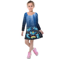 Black & Blue Stars & Unicorn Pattern Kids  Long Sleeve Velvet Dress