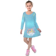 Sky Blue Happy Unicorn On Rainbow Kids  Long Sleeve Velvet Dress