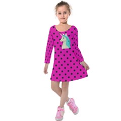 Magenta Polka Dots & Unicorn Print Kids  Long Sleeve Velvet Dress