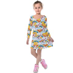 Light Blue Seamless Rainbows With Unicorn Kids  Long Sleeve Velvet Dress