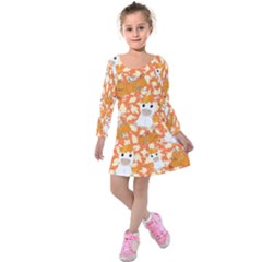 Light Orange Adorable Unicorn & Pumpkins Kids  Long Sleeve Velvet Dress