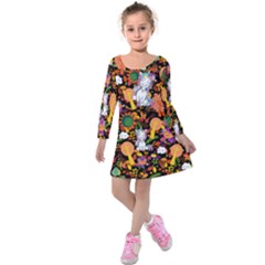 Orange Adorable Unicorn & Woodland Print Kids  Long Sleeve Velvet Dress