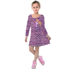 Purple Stripes & Unicorn Design Kids  Long Sleeve Velvet Dress