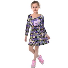 Black & Violet Woodland Unicorn Prints Kids  Long Sleeve Velvet Dress