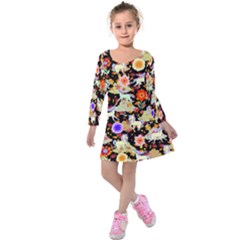 Black & Khaki Elegant Floral & Unicorns Kids  Long Sleeve Velvet Dress