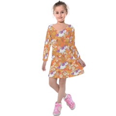 Orange Woodland Lovely Unicorn Prints Kids  Long Sleeve Velvet Dress