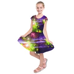 Green Yellow & Purple Stars And Galaxy Print Kids Short Sleeve Dress by CoolDesigns