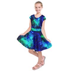 Medium Blue & Aquamarine Galaxy Print Kids Short Sleeve Dress by CoolDesigns