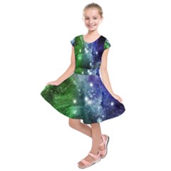 Green & Purple Dreamy Galaxy Print Kids Short Sleeve Dress by CoolDesigns