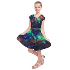 Dark Blue & Lime Galaxy Print Kids Short Sleeve Dress by CoolDesigns