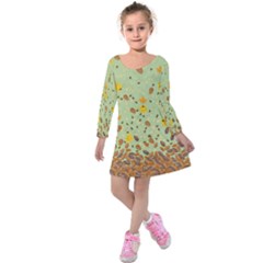 Medium Aquamarine Autumn Pine Tree Seeds Print Kids  Long Sleeve Velvet Dress