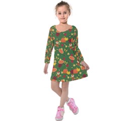 Green Pumpkin Pies & Cute Fox Printed Kids  Long Sleeve Velvet Dress