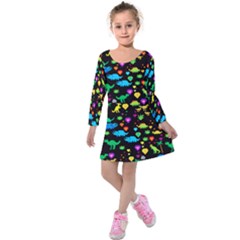 Colorful Cute Dinosaurs Printed Kids  Long Sleeve Velvet Dress