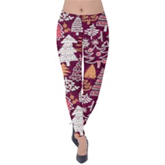 Dark Magenta Xmas Trees Velvet Leggings