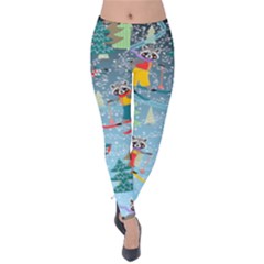 Corn Flower Blue Snow Xmas Raccoon Print Velvet Leggings